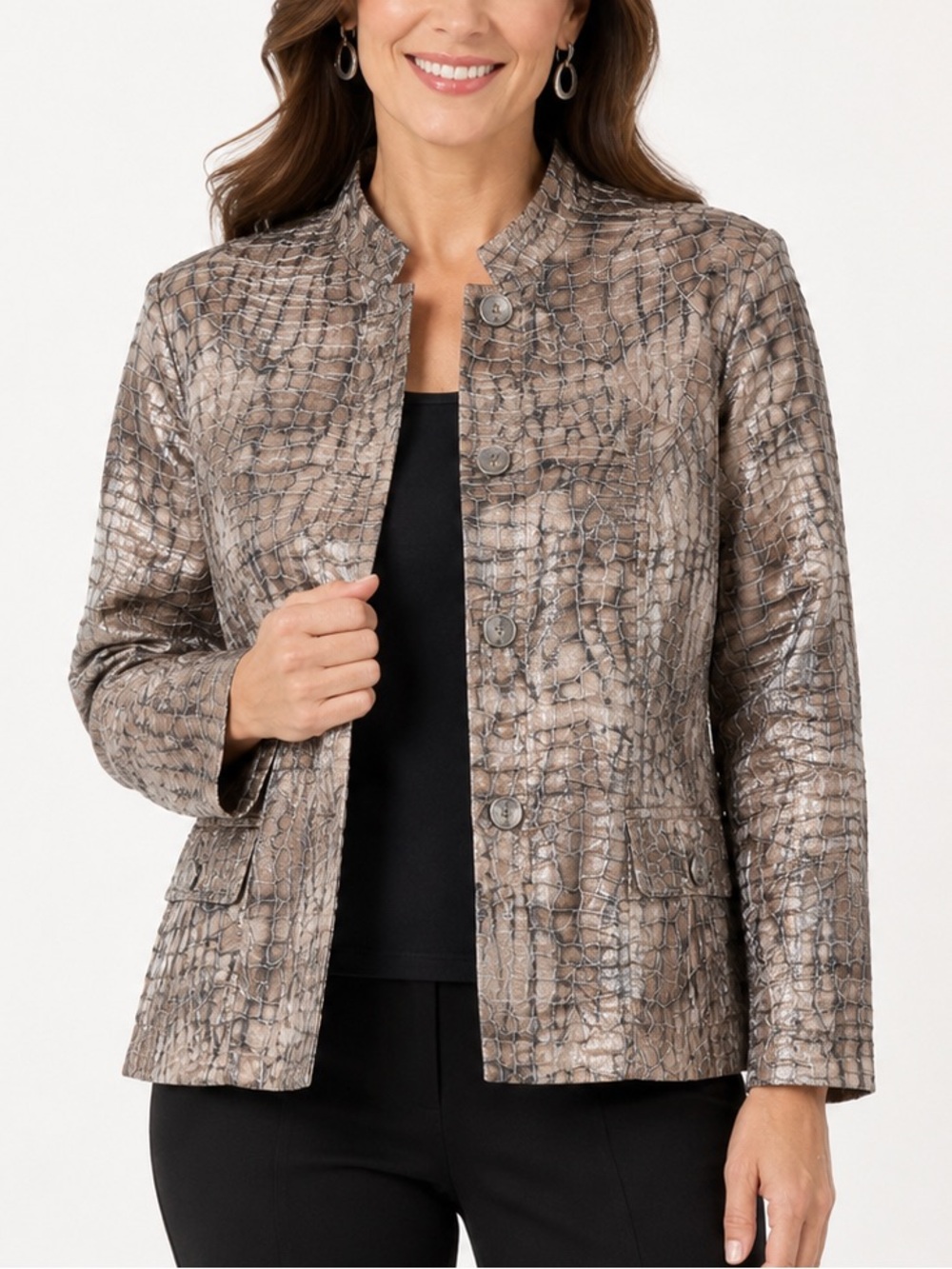 Chico’s Animal Print Croc Textured Jacket 2 Metallic Bronze Brown Button Front L